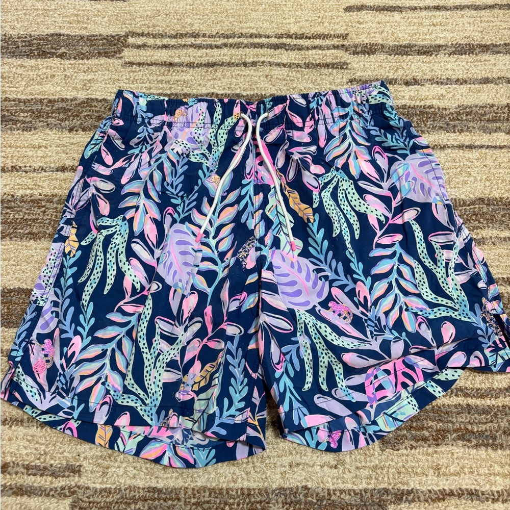Lilly Pulitzer Navy and Pink Floral Swim Trunks